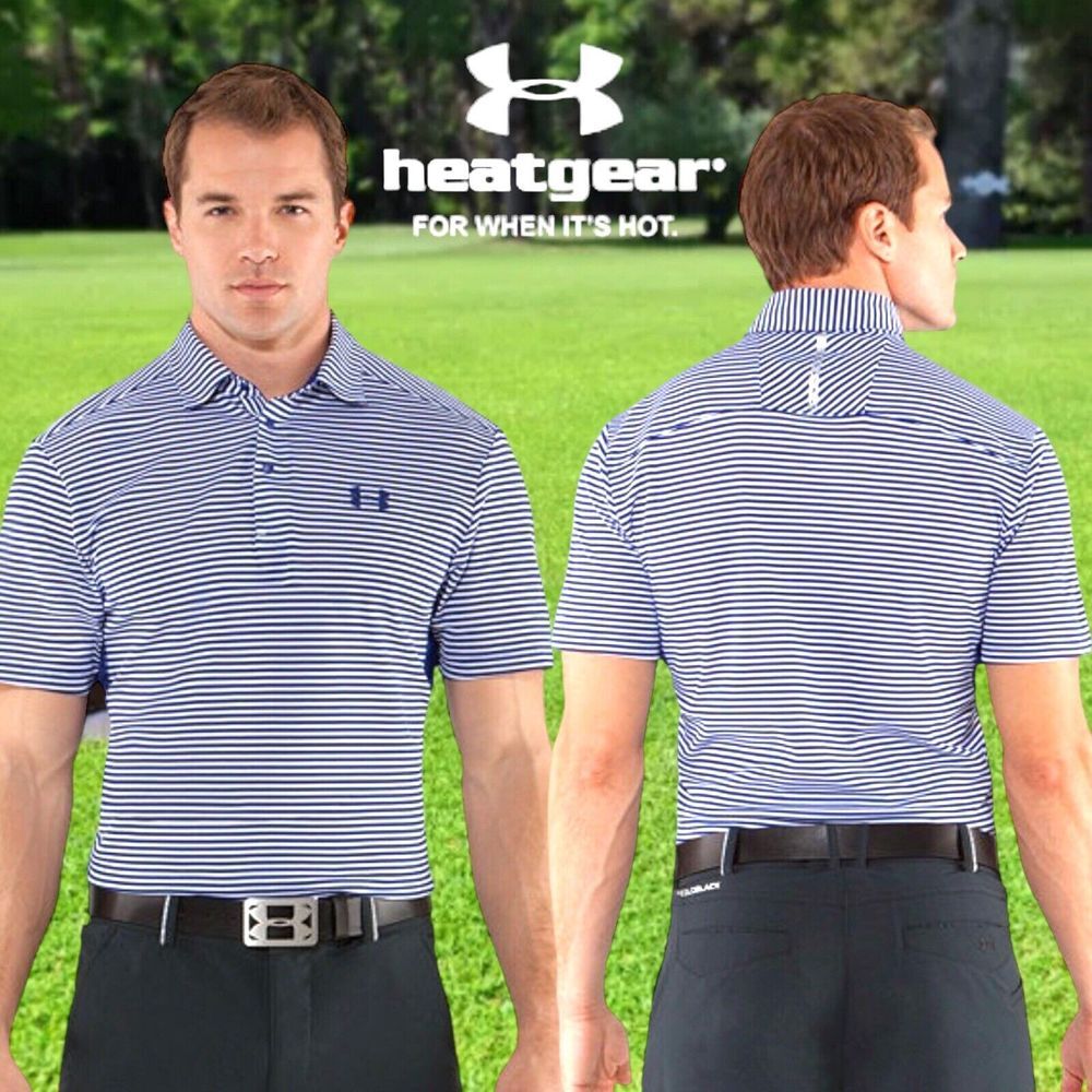 Under Armour‎ Mens Heat Gear Golf Polo Shirt Coldback Blue White Stripe XXL 2XL